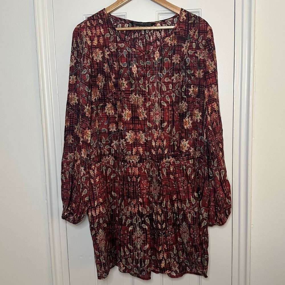 Peruvian Connection Silk Blend Tunic Long Sleeve Dress Red Floral Abstract 14